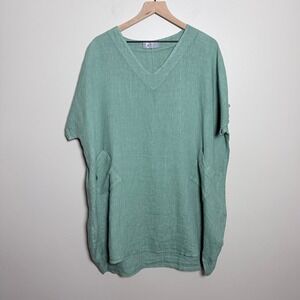 Tina Stephens Womens 100% Linen Tunic‎ XL Green V-Neck Pockets Italy Lagenlook